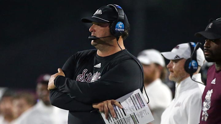 Mississippi State Bulldogs head coach Jeff Lebby looks on during the fourth quarter against the Arizona State Sun Devils at Davis Wade Stadium at Scott Field.