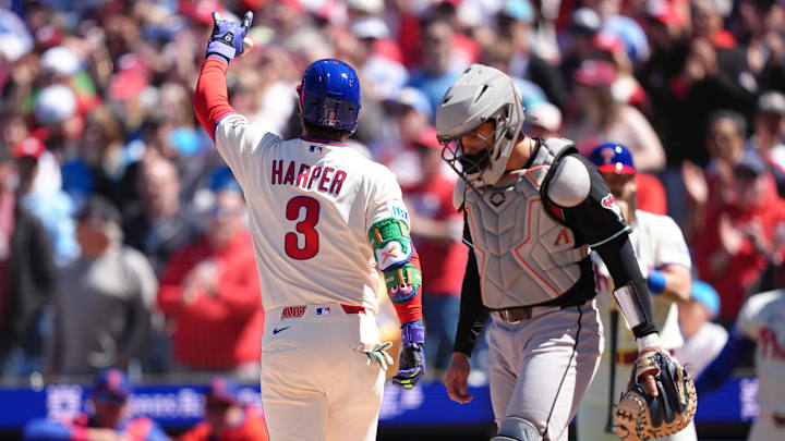 Apr 11, 2026; Philadelphia, Pennsylvania, USA; Philadelphia Phillies infielder Bryce Harper (3) reacts after hitting a home run against the Arizona Diamondbacks in the third inning at Citizens Bank Park. Apr 11, 2026; Philadelphia, Pennsylvania, USA; Philadelphia Phillies infielder Bryce Harper (3) reacts after hitting a home run against the Arizona Diamondbacks in the third inning at Citizens Bank Park.