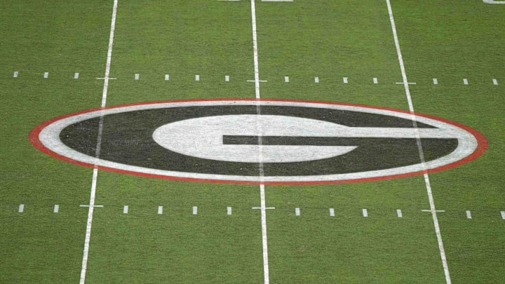 Sep 23, 2023; Athens, Georgia, USA; The Georgia Bulldogs logo at midfield at Sanford Stadium. Mandatory Credit: Kirby Lee-Imagn Images