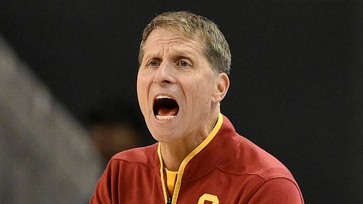 Feb 24, 2026; Los Angeles, California, USA; Southern California head coach Eric Musselman  communicates during the first half against the UCLA Bruins at Pauley Pavilion presented by Wescom Financial. Mandatory Credit: Robert Hanashiro-Imagn Images