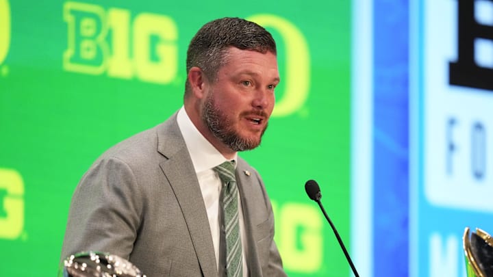 Jul 23, 2025; Las Vegas, NV, USA; Oregon head coach Dan Lanning speaks to the media during the Big Ten NCAA college football media days at Mandalay Bay Resort. 