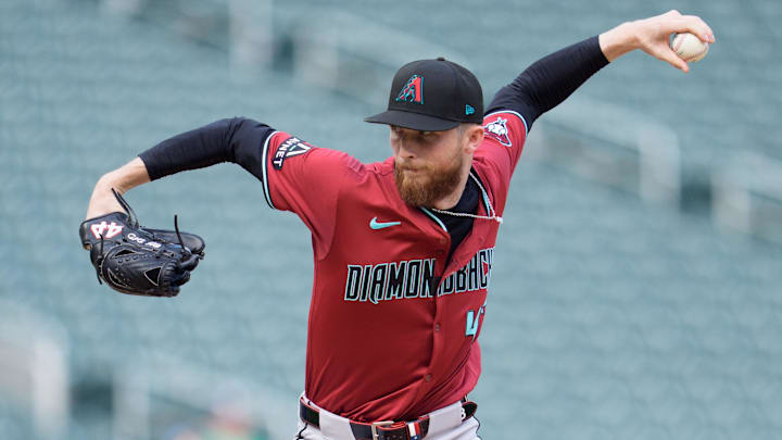 Arizona Diamondbacks pitcher Kyle Backhus (43) pitches to Minnesota Twins first base Kody Clemens (18) in the ninth inning at Target Field. 
