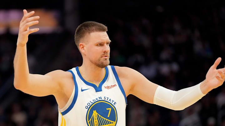 Mar 13, 2026; San Francisco, California, USA; Golden State Warriors forward Kristaps Porzingis (7) reacts after being fouled against the Minnesota Timberwolves in the fourth quarter at the Chase Center. Mandatory Credit: Cary Edmondson-Imagn Images