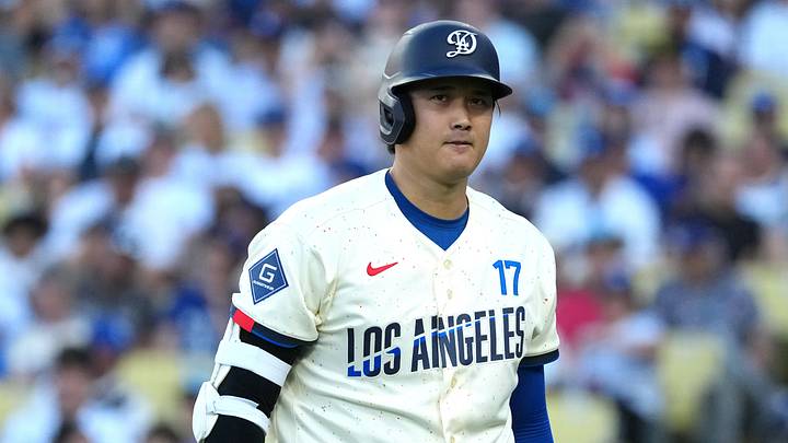 Los Angeles Dodgers designated hitter Shohei Ohtani (17) reacts 