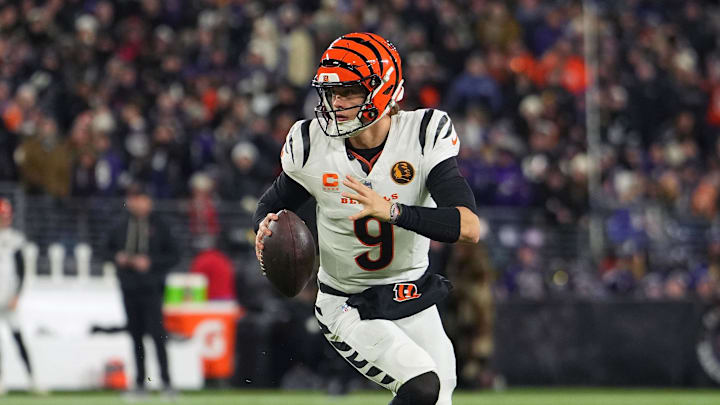 Nov 27, 2025; Baltimore, Maryland, USA; Cincinnati Bengals quarterback Joe Burrow (9) drops back to pass against the Baltimore Ravens during the first half at M&T Bank Stadium. Mandatory Credit: Mitch Stringer-Imagn Images
