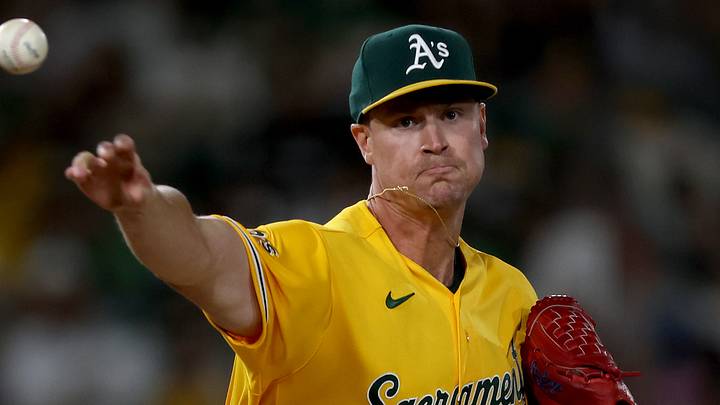 Aug 15, 2026; West Sacramento, California, USA; Athletics pitcher Scott Blewett (49) throws to first base on a pickoff attempt against the Texas Rangers during the eighth inning at Sutter Health Park. Mandatory Credit: Dennis Lee-Imagn Images Aug 15, 2026; West Sacramento, California, USA; Athletics pitcher Scott Blewett (49) throws to first base on a pickoff attempt against the Texas Rangers during the eighth inning at Sutter Health Park. Mandatory Credit: Dennis Lee-Imagn Images