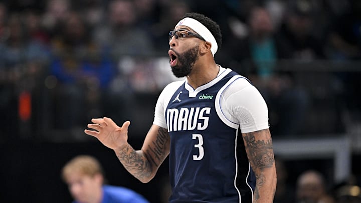 Dec 12, 2025; Dallas, Texas, USA; Dallas Mavericks forward Anthony Davis (3) reacts to a foul call during the first quarter against the Brooklyn Nets at the American Airlines Center. Mandatory Credit: Jerome Miron-Imagn Images