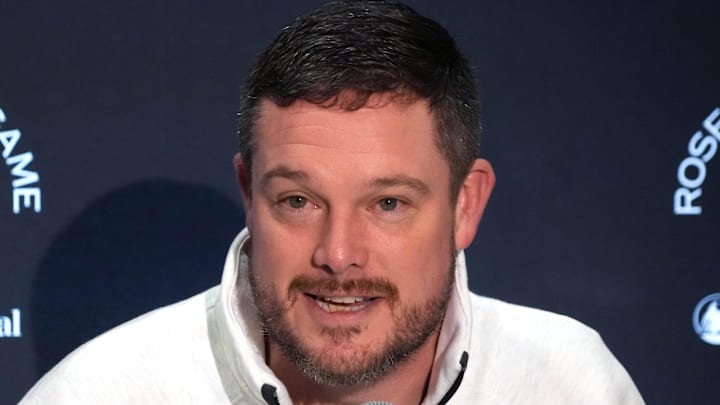Dec 30, 2024; Los Angeles, CA, USA; Oregon Ducks head coach Dan Lanning during Rose Bowl media day at Sheraton Grand LA. Mandatory Credit: Kirby Lee-Imagn Images