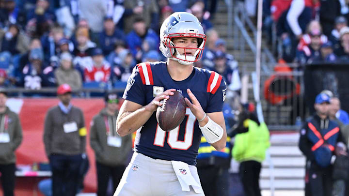Nov 2, 2025; Foxborough, Massachusetts, USA; New England Patriots quarterback Drake Maye (10) looks to pass the ball during the first half against the Atlanta Falcons at Gillette Stadium. Mandatory Credit: Eric Canha-Imagn Images