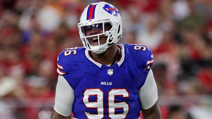 Buffalo Bills defensive tackle Deone Walker reacts after a play against the Tampa Bay Buccaneers.