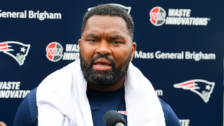 Jul 24, 2024; Foxborough, MA, USA;  New England Patriots head coach Jerod Mayo holds a press conference before training camp at Gillette Stadium. Mandatory Credit: Eric Canha-USA TODAY Sports