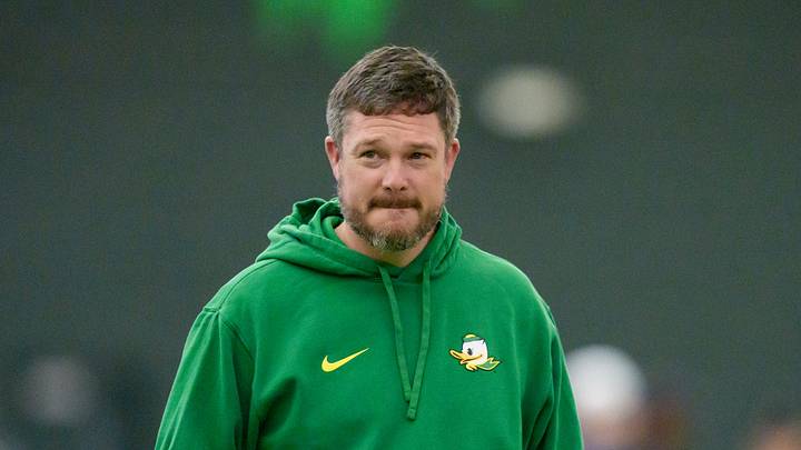 Oregon head coach Dan Lanning attends Oregon Pro Day on March 17, 2026, at the Moshofsky Center in Eugene, Oregon.