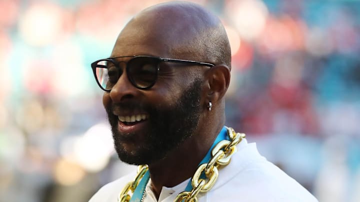 Feb 2, 2020; Miami Gardens, Florida, USA; San Francisco 49ers former receiver Jerry Rice before Super Bowl LIV against the Kansas City Chiefs at Hard Rock Stadium. Mandatory Credit: Mark J. Rebilas-Imagn Images