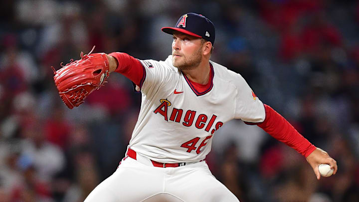 Los Angeles Angels pitcher Reid Detmers (48) throws