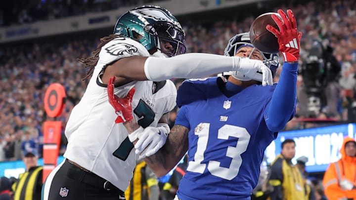 Philadelphia Eagles cornerback Kelee Ringo (7) breaks up a touchdown pass intended for New York Giants wide receiver Jalin Hyatt (13) during the fourth quarter of the game at MetLife Stadium. Ringo was called for pass interference. Philadelphia Eagles cornerback Kelee Ringo (7) breaks up a touchdown pass intended for New York Giants wide receiver Jalin Hyatt (13) during the fourth quarter of the game at MetLife Stadium. Ringo was called for pass interference.