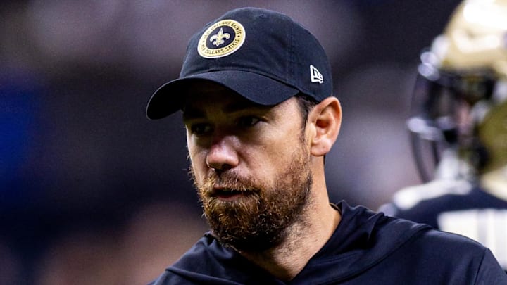 Sep 8, 2024; New Orleans, Louisiana, USA;  New Orleans Saints offensive coordinator Klint Kubiak reacts against the Carolina Panthers during the pregame at Caesars Superdome. Mandatory Credit: Stephen Lew-Imagn Images