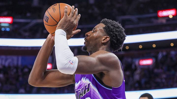 Feb 7, 2026; Orlando, Florida, USA; Utah Jazz center Jaren Jackson Jr. (20) shoots during the second half against the Orlando Magic at Kia Center. Mandatory Credit: Mike Watters-Imagn Images