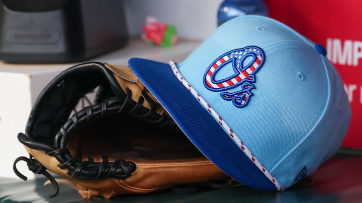 Jul 4, 2025; Atlanta, Georgia, USA; A detailed view of the Baltimore Orioles 4th of July hat in the dugout against the Atlanta Braves in the third inning at Truist Park. 