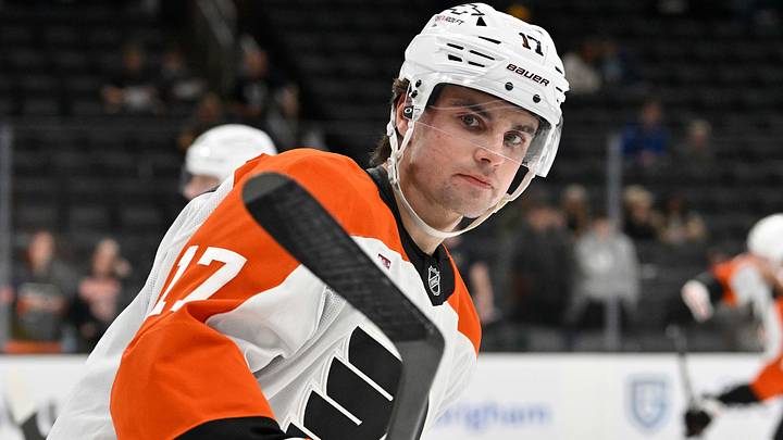 Sep 29, 2025; Boston, Massachusetts, USA;  Philadelphia Flyers center Jett Luchanko (17) warms up before a game against the Boston Bruins at TD Garden. Mandatory Credit: Eric Canha-Imagn Images