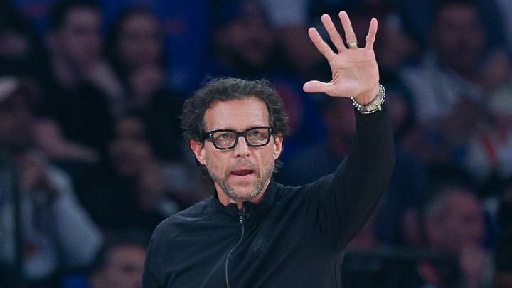 Atlanta Hawks head coach Quin Snyder reacts during the first quarter of the 2026 NBA Playoffs against the New York Knicks at Madison Square Garden on April 18, 2026