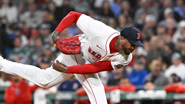 Boston Red Sox relief pitcher Aroldis Chapman (44) pitches against the Tampa Bay Rays during the ninth inning at Fenway Park on July 10. 