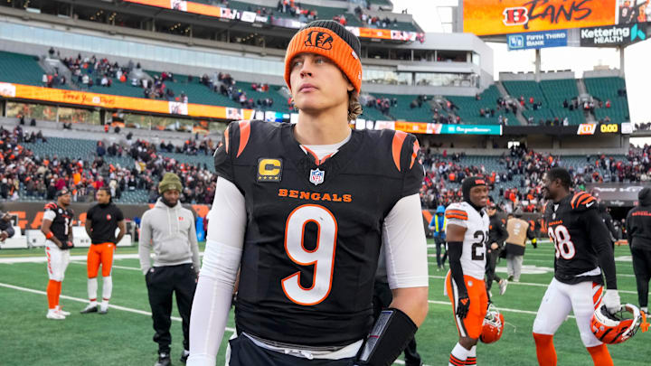 Cincinnati Bengals quarterback Joe Burrow (9) looks for hands to shake after the fourth quarter of the NFL Week 18 game between the Cincinnati Bengals and the Cleveland Browns at Paycor Stadium in Downtown Cincinnati on Sunday, Jan. 4, 2026. The Browns kicked a last second field goal to win 20-18.