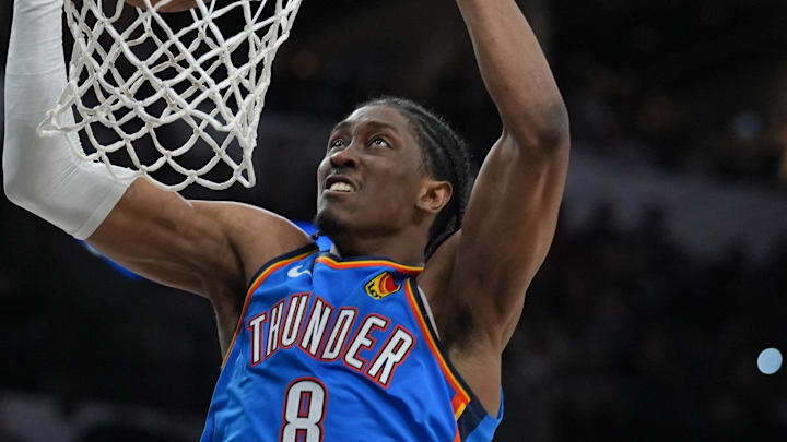 Mar 2, 2025; San Antonio, Texas, USA; Oklahoma City Thunder forward Jalen Williams (8) dunks in the second half against the San Antonio Spurs at Frost Bank Center. Mandatory Credit: Daniel Dunn-Imagn Images Mar 2, 2025; San Antonio, Texas, USA; Oklahoma City Thunder forward Jalen Williams (8) dunks in the second half against the San Antonio Spurs at Frost Bank Center. Mandatory Credit: Daniel Dunn-Imagn Images