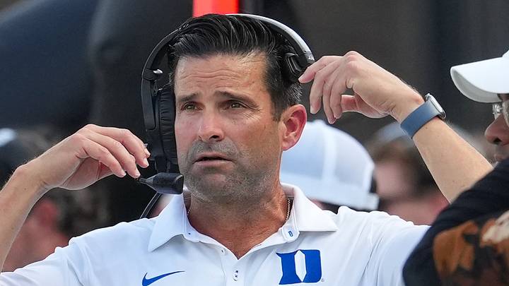 Sep 19, 2026; Durham, North Carolina, USA;  Duke Blue Devils head coach Manny Diaz looks on against the Stanford Cardinal during the first half at Wallace Wade Stadium.  Mandatory Credit: James Guillory-Imagn Images
