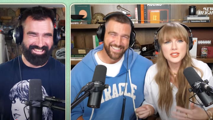 Taylor Swift tells Jason and Travis Kelce on the New Heights podcast about becoming a huge football fan. 