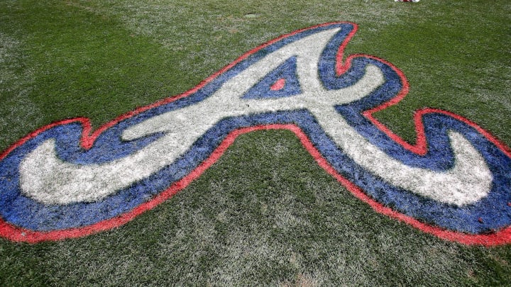 Mar 15, 2015; Lake Buena Vista, FL, USA; The Atlanta Braves logo painted on the field during a Mar 15, 2015; Lake Buena Vista, FL, USA; The Atlanta Braves logo painted on the field during a