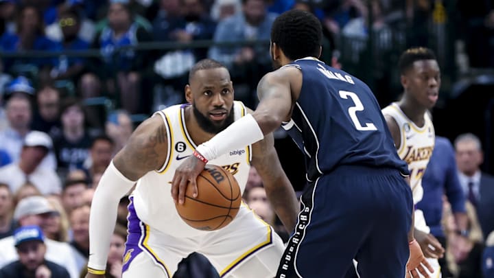 Feb 26, 2023; Dallas, Texas, USA; Los Angeles Lakers forward LeBron James (6) guards Dallas