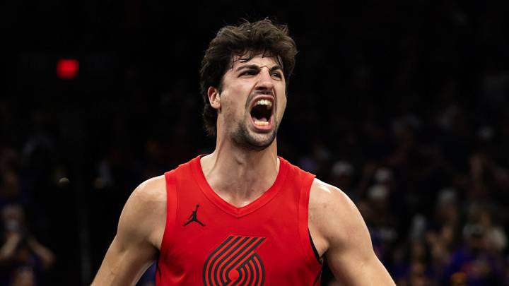 Apr 14, 2026; Phoenix, Arizona, USA; Portland Trail Blazers forward Deni Avdija (8) celebrates against the Phoenix Suns in the second half during the play-in rounds of the 2026 NBA Playoffs at Mortgage Matchup Center. Mandatory Credit: Mark J. Rebilas-Imagn Images