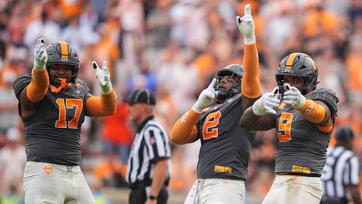 Tennessee defensive lineman Ethan Utley (17), Tennessee defensive lineman Xavier Gilliam (2) and Tennessee defensive lineman Mariyon Dye (9) celebrate after Tennessee recovers a fumble from Auburn during a college football game between Tennessee and Auburn at Neyland Stadium in Knoxville, Tenn., on Oct. 3, 2026. Tennessee defensive lineman Ethan Utley (17), Tennessee defensive lineman Xavier Gilliam (2) and Tennessee defensive lineman Mariyon Dye (9) celebrate after Tennessee recovers a fumble from Auburn during a college football game between Tennessee and Auburn at Neyland Stadium in Knoxville, Tenn., on Oct. 3, 2026.
