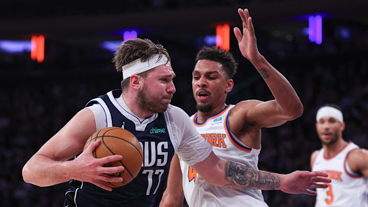 Feb 8, 2024; New York, New York, USA; Dallas Mavericks guard Luka Dončić (77) drives to the basket against New York Knicks guard Charlie Brown Jr. (44) during the half at Madison Square Garden. Feb 8, 2024; New York, New York, USA; Dallas Mavericks guard Luka Dončić (77) drives to the basket against New York Knicks guard Charlie Brown Jr. (44) during the half at Madison Square Garden.