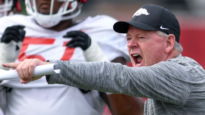 Arkansas Razorbacks offensive coordinator Bobby Petrino during preseason practices on the outdoor fields in Fayetteville, Ark. Arkansas Razorbacks offensive coordinator Bobby Petrino during preseason practices on the outdoor fields in Fayetteville, Ark.