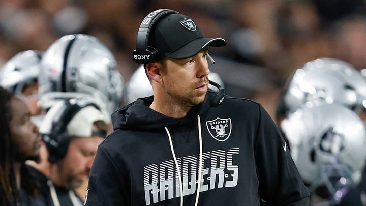Aug 13, 2026; Paradise, Nevada, USA; Las Vegas Raiders head coach Klint Kubiak watches from the sideline during the third quarter of a preseason game against the Arizona Cardinals at Allegiant Stadium. Mandatory Credit: David Brytus-Imagn Images