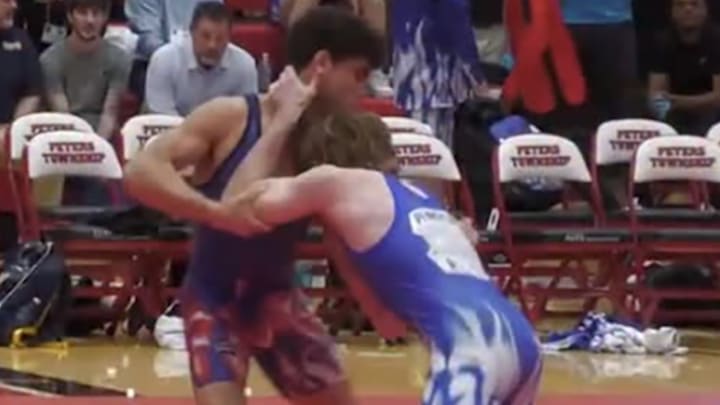 Delbarton's Jayden James (left) the 165-pound National Champion, claimed a hard fought 17-10 win over Reagan Milheim, helped Team USA top Pennsylvania, 23-19, in the Pittsburgh Wrestling Classic.