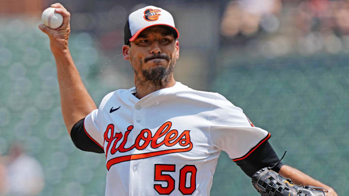 Jul 29, 2025; Baltimore, Maryland, USA; Baltimore Orioles pitcher Charlie Morton (50) delivers during the first inning against the Toronto Blue Jays at Oriole Park at Camden Yards. Jul 29, 2025; Baltimore, Maryland, USA; Baltimore Orioles pitcher Charlie Morton (50) delivers during the first inning against the Toronto Blue Jays at Oriole Park at Camden Yards.