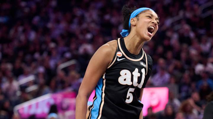 Jun 26, 2026; San Francisco, California, USA; Atlanta Dream forward Angel Reese (5) reacts after making a basket against the Golden State Valkyries during the fourth quarter at Chase Center. Mandatory Credit: Robert Edwards-Imagn Images