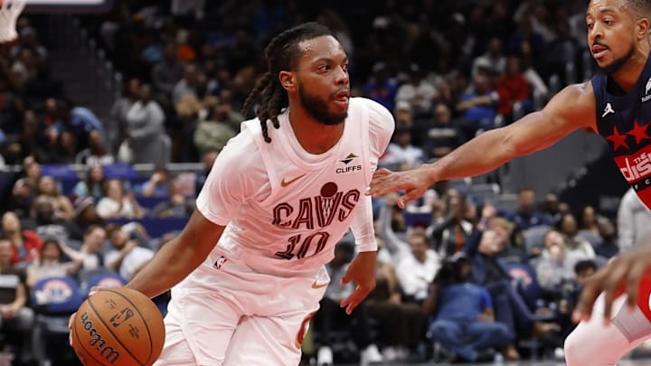 Nov 7, 2025; Washington, District of Columbia, USA; Cleveland Cavaliers guard Darius Garland (10) drives to the basket as Washington Wizards guard CJ McCollum (3) defends in the second half in an Emirates NBA Cup game at Capital One Arena. Mandatory Credit: Geoff Burke-Imagn Images Nov 7, 2025; Washington, District of Columbia, USA; Cleveland Cavaliers guard Darius Garland (10) drives to the basket as Washington Wizards guard CJ McCollum (3) defends in the second half in an Emirates NBA Cup game at Capital One Arena. Mandatory Credit: Geoff Burke-Imagn Images