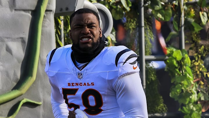 Dec 14, 2025; Cincinnati, Ohio, USA; Cincinnati Bengals defensive end Joseph Ossai (58) runs onto the field before the game against the Baltimore Ravens at Paycor Stadium. Mandatory Credit: Katie Stratman-Imagn Images
