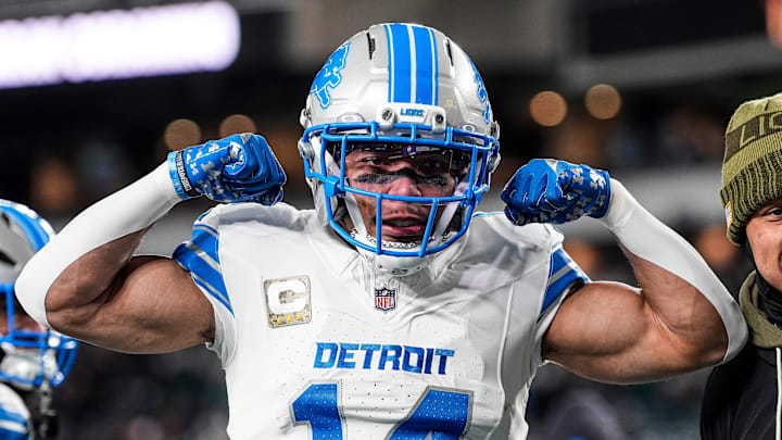 Detroit Lions wide receiver Amon-Ra St. Brown (14) poses for a photo at warmup ahead of the Philadelphia Eagles game at Lincoln Financial Field in Philadelphia on Sunday, November 16, 2025.