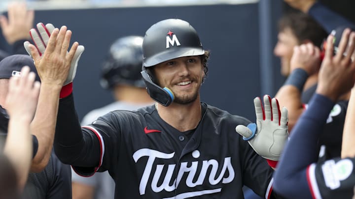 Mar 5, 2026; Tampa, Florida, USA; Minnesota Twins center fielder James Outman (30) reacts after hitting a two-run home run against the New York Yankees in the fifth inning during spring training at George M. Steinbrenner Field. Mandatory Credit: Nathan Ray Seebeck-Imagn Images Mar 5, 2026; Tampa, Florida, USA; Minnesota Twins center fielder James Outman (30) reacts after hitting a two-run home run against the New York Yankees in the fifth inning during spring training at George M. Steinbrenner Field. Mandatory Credit: Nathan Ray Seebeck-Imagn Images