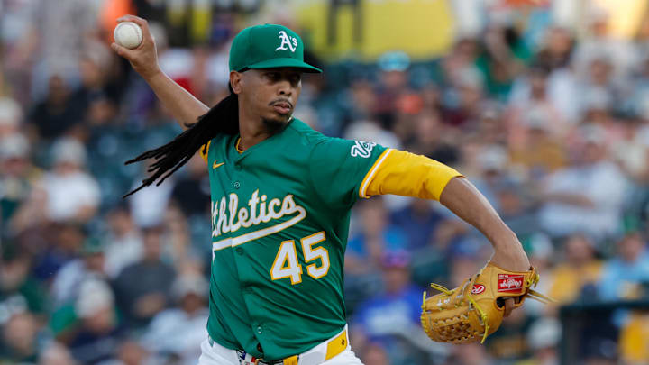 Aug 26, 2025; West Sacramento, California, USA; Athletics pitcher Osvaldo Bido (45) throws a pitch during the first inning against the Detroit Tigers at Sutter Health Park. Mandatory Credit: Sergio Estrada-Imagn Images Aug 26, 2025; West Sacramento, California, USA; Athletics pitcher Osvaldo Bido (45) throws a pitch during the first inning against the Detroit Tigers at Sutter Health Park. Mandatory Credit: Sergio Estrada-Imagn Images