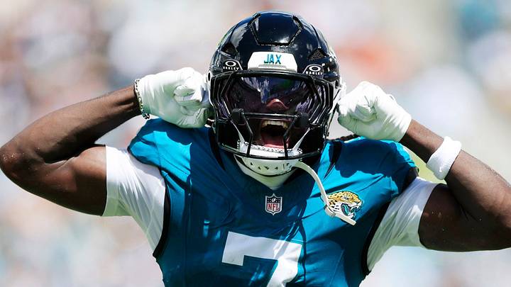 Jacksonville Jaguars wide receiver Brian Thomas Jr. (7) reacts to his reception during the first quarter of an NFL football matchup at EverBank Stadium on Sunday, Sept. 13, 2026, in Jacksonville, Fla. [Corey Perrine/Florida Times-Union]