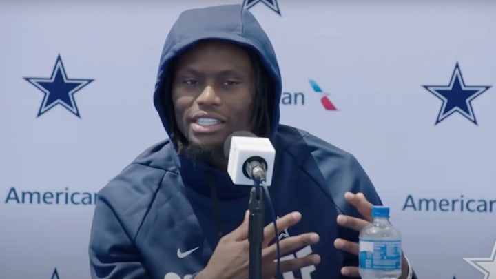 Dallas Cowboys receiver George Pickens speaks to media after training camp.