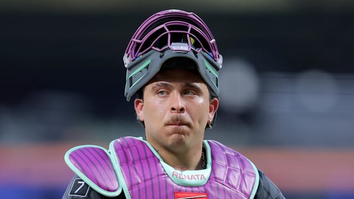 Jul 21, 2025; New York City, New York, USA; New York Mets catcher Francisco Alvarez (4) reacts during the third inning against the Los Angeles Angels at Citi Field. Mandatory Credit: Brad Penner-Imagn Images