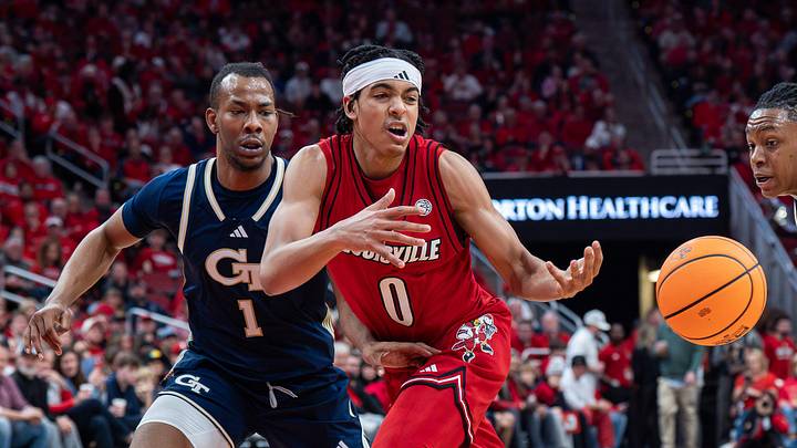 Louisville Cardinals guard Mikel Brown Jr. (0) reacts as the ball is stripped away as the Louisville Cardinals host the Georgia Tech Yellow Jackets in an NCAA basketball game at the KFC Yum! Center, Saturday, Feb. 21, 2026, in Louisville. Louisville Cardinals guard Mikel Brown Jr. (0) reacts as the ball is stripped away as the Louisville Cardinals host the Georgia Tech Yellow Jackets in an NCAA basketball game at the KFC Yum! Center, Saturday, Feb. 21, 2026, in Louisville.