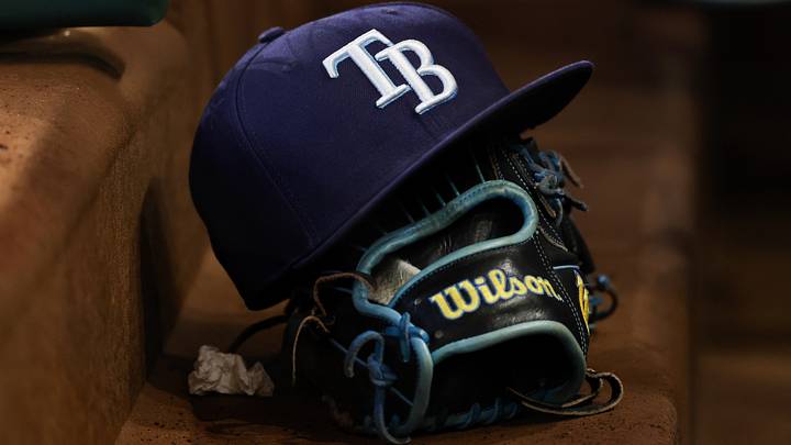 Sep 3, 2026; Arlington, Texas, USA;  Tampa Bay Rays hat and glove before the game against the Texas Rangers at Globe Life Field. Mandatory Credit: Kevin Jairaj-Imagn Images
