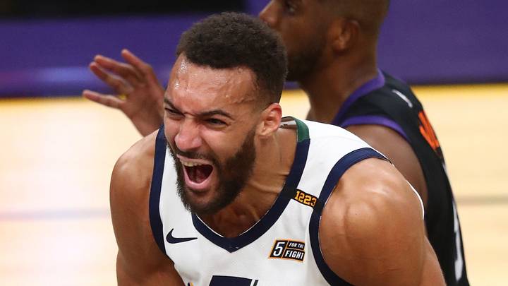 Apr 7, 2021; Phoenix, Arizona, USA; Utah Jazz center Rudy Gobert (27) reacts against the Phoenix Suns at Phoenix Suns Arena. Mandatory Credit: Mark J. Rebilas-USA TODAY Sports